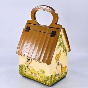 Vintage Wooden House Box Purse Hand Painted Holly Hobbie Style Folk Art Bag
